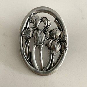 Seagull Canada Vintage Pewter Metal Floral Motif Oval Brooch